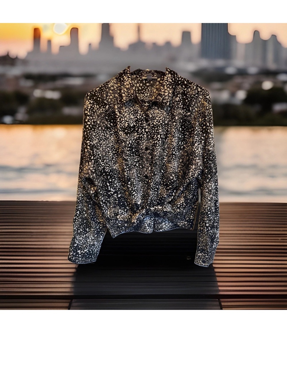 Nine West Women's Animal Print Button-Up Collared Woven Top Long Sleeve XL